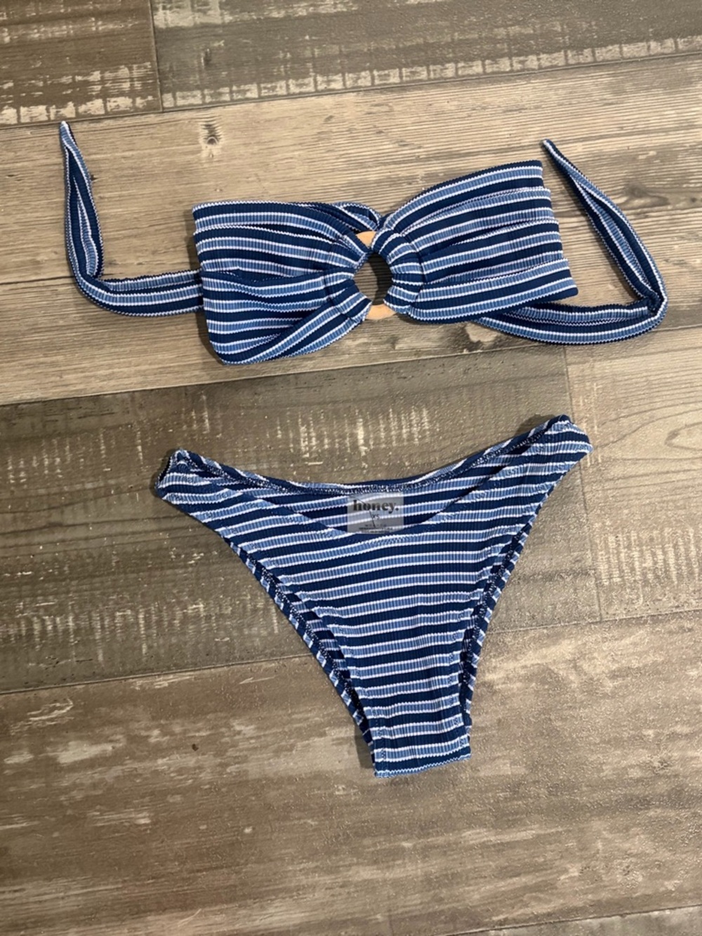 Striped Blue Bandeau Bikini Set with Ring Detail. Never Worn.